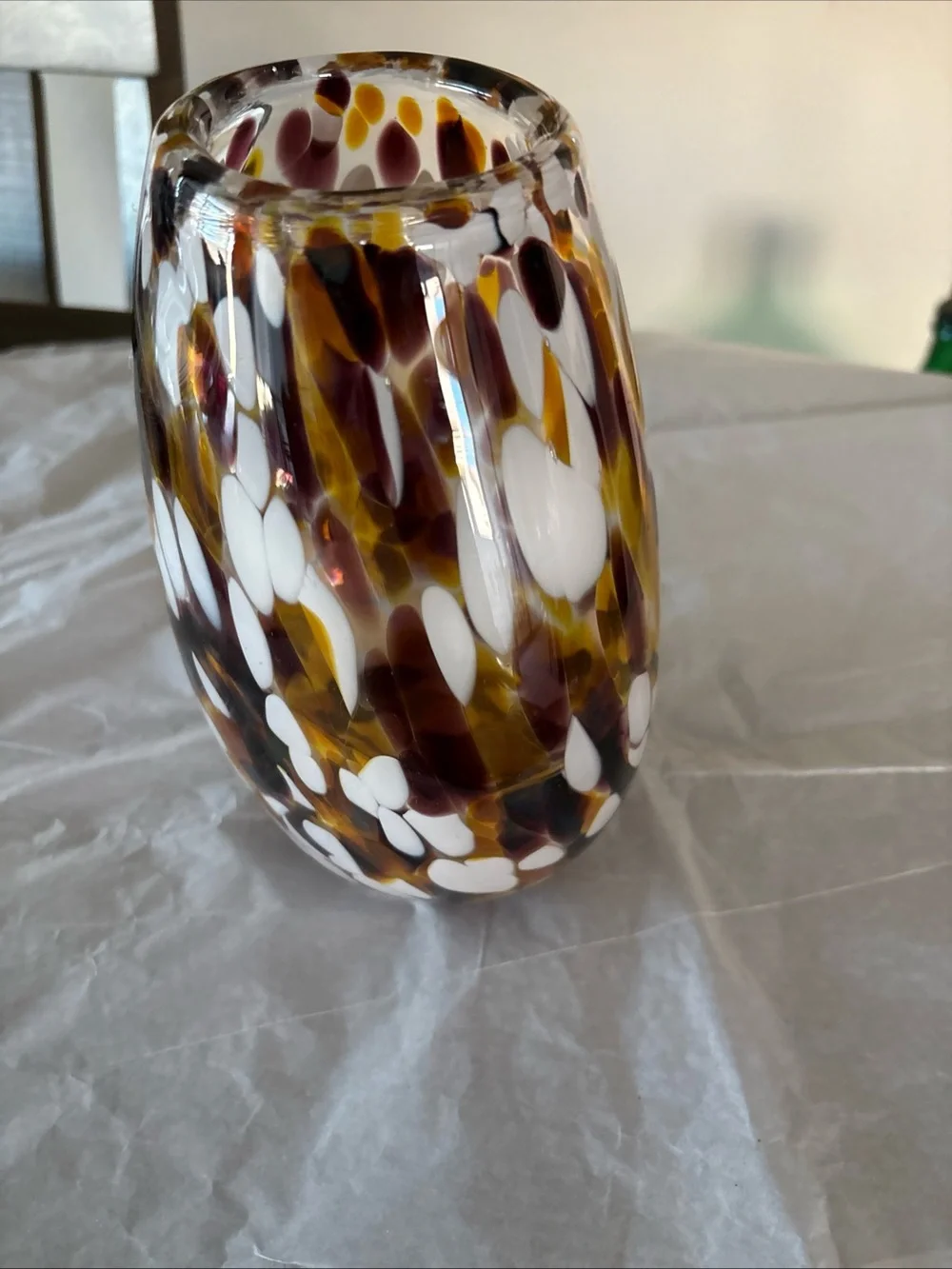 Hand Blown Art Glass Vase White Amber Spots Artisan Studio 7.65” Heavy Solid